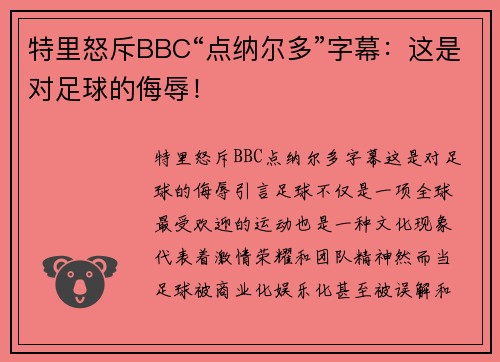 特里怒斥BBC“点纳尔多”字幕：这是对足球的侮辱！