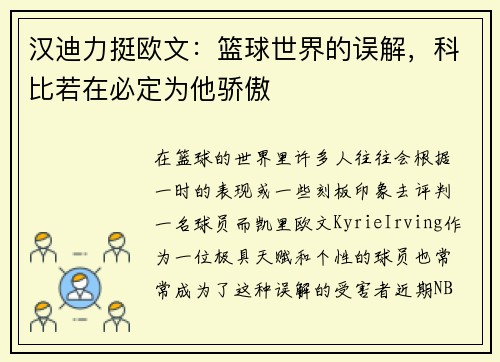 汉迪力挺欧文：篮球世界的误解，科比若在必定为他骄傲