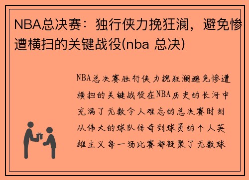 NBA总决赛：独行侠力挽狂澜，避免惨遭横扫的关键战役(nba 总决)