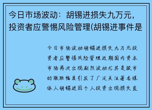 今日市场波动：胡锡进损失九万元，投资者应警惕风险管理(胡锡进事件是真的吗)