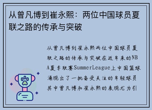 从曾凡博到崔永熙：两位中国球员夏联之路的传承与突破